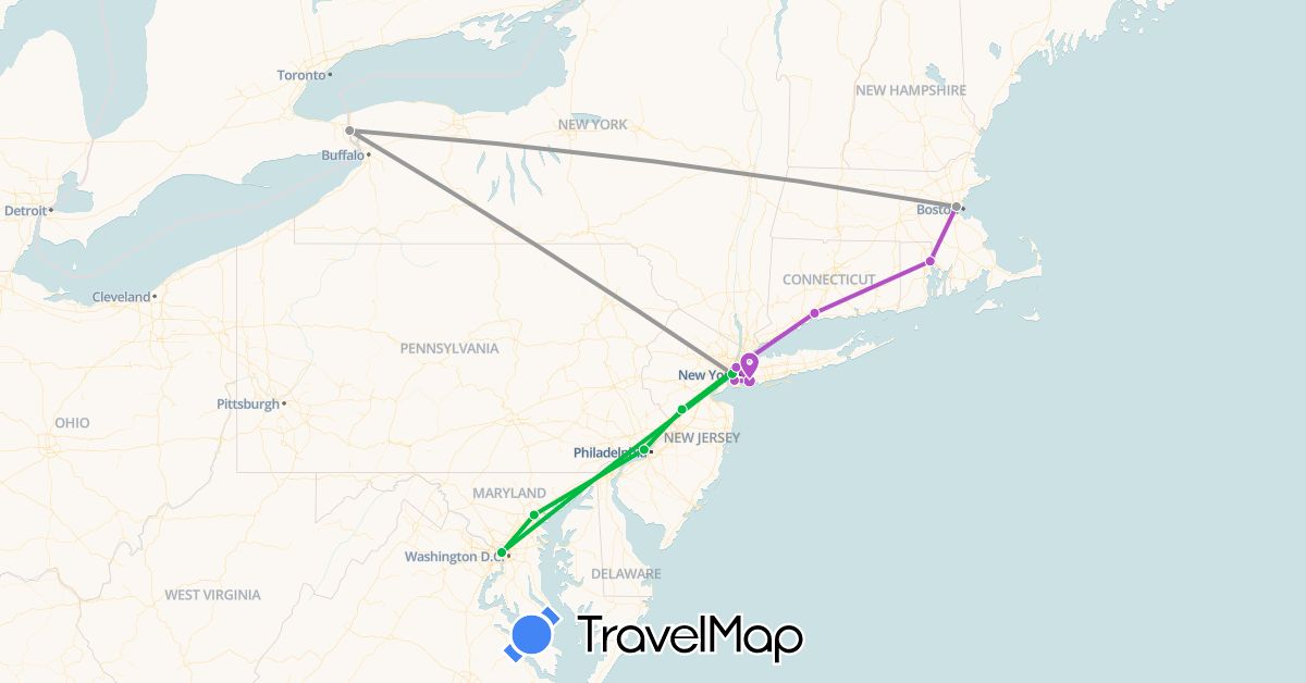 TravelMap itinerary: bus, plane, train in United States (North America)